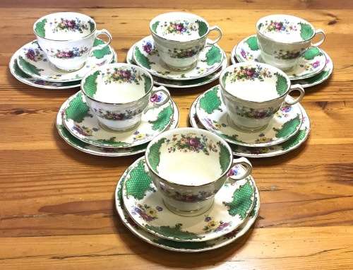 JAMES KENT=TEA TRIO'S x 6="SANDRINGHAM" PATTERN 3018=LONGTON=STAFFORDSHIRE=1950's=England=Scarce!!!