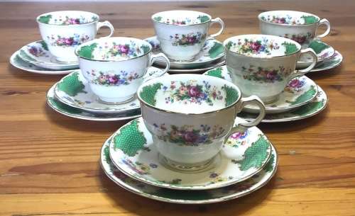 JAMES KENT=TEA TRIO'S x 6="SANDRINGHAM" PATTERN 3018=LONGTON=STAFFORDSHIRE=1950's=England=Scarce!!!