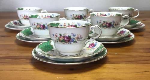 JAMES KENT=TEA TRIO'S x 6="SANDRINGHAM" PATTERN 3018=LONGTON=STAFFORDSHIRE=1950's=England=Scarce!!!