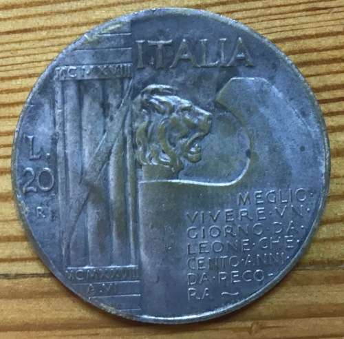 COIN=BENITO MUSSOLINI=1945=20 Lire=ITALY= Facist Italy Benito Mussolini Medal.