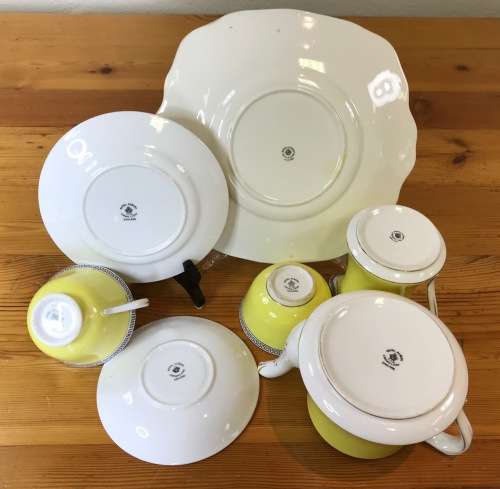 YELLOW ROYAL ALBERT 1917-1925 4510 T.C.W. TEA for 2 TEAPOT 2 TRIOS MILK SUGAR CAKE PLATE THOMAS WILD