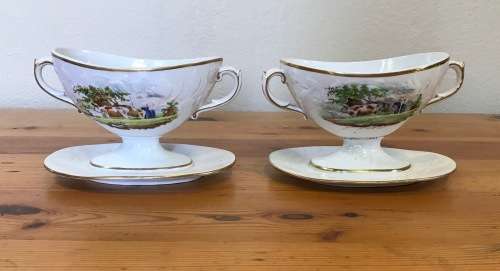 GRAVY BOATS x 2 attached SAUCERS NO NAME FARMHOUSE and FARMER with DOG HERDBOY CATTLE COWS DAIRY.