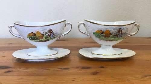 GRAVY BOATS x 2 attached SAUCERS NO NAME FARMHOUSE and FARMER with DOG HERDBOY CATTLE COWS DAIRY.