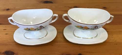 GRAVY BOATS x 2 attached SAUCERS NO NAME FARMHOUSE and FARMER with DOG HERDBOY CATTLE COWS DAIRY.