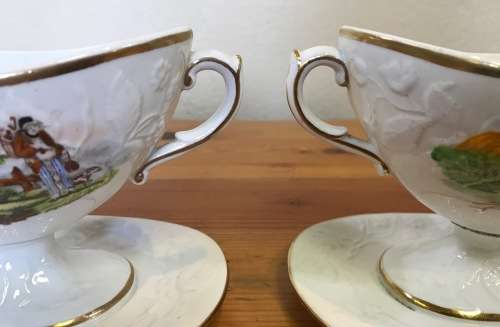 GRAVY BOATS x 2 attached SAUCERS NO NAME FARMHOUSE and FARMER with DOG HERDBOY CATTLE COWS DAIRY.
