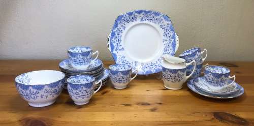 ROYAL ALBERT BLUE and WHITE 1927-35 5698 T.C.W. 6 x TRIO`s CAKE PLATE MILK SUGAR THOMAS CLARKE WILD.