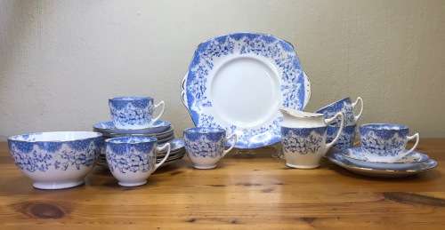 ROYAL ALBERT BLUE and WHITE 1927-35 5698 T.C.W. 6 x TRIO`s CAKE PLATE MILK SUGAR THOMAS CLARKE WILD.
