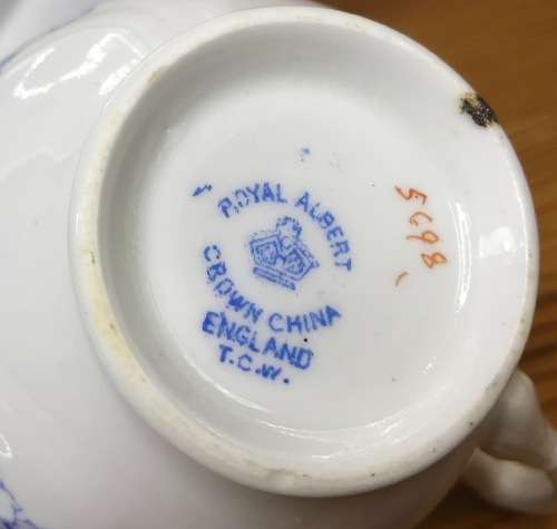 ROYAL ALBERT=BLUE and WHITE=FLORAL=FLOWERS=1927-35=5698=T.C.W.=1 TRIO=THOMAS CLARKE WILD=Read Notes.