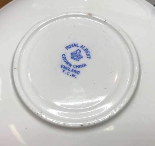 ROYAL ALBERT=BLUE and WHITE=FLORAL=FLOWERS=1927-35=5698=T.C.W.=1 TRIO=THOMAS CLARKE WILD=Read Notes.