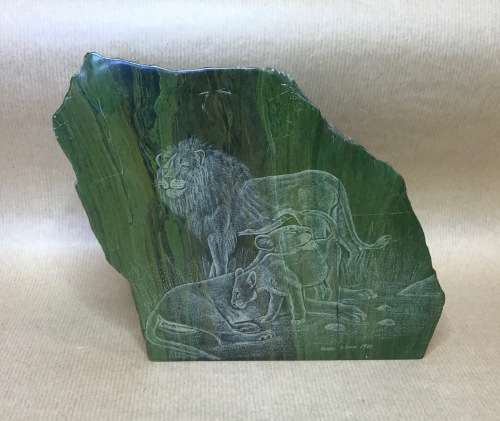 MALACHITE=MALE LION=LIONESS=CUB=ETCHING=MALACHITE ARTWORK=RUSSEL DLAMINI=1983=READ NOTES.