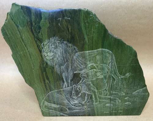 MALACHITE=MALE LION=LIONESS=CUB=ETCHING=MALACHITE ARTWORK=RUSSEL DLAMINI=1983=READ NOTES.