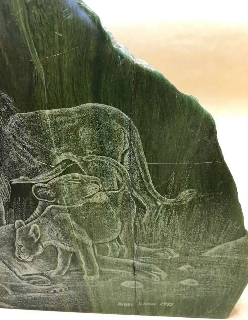 MALACHITE=MALE LION=LIONESS=CUB=ETCHING=MALACHITE ARTWORK=RUSSEL DLAMINI=1983=READ NOTES.