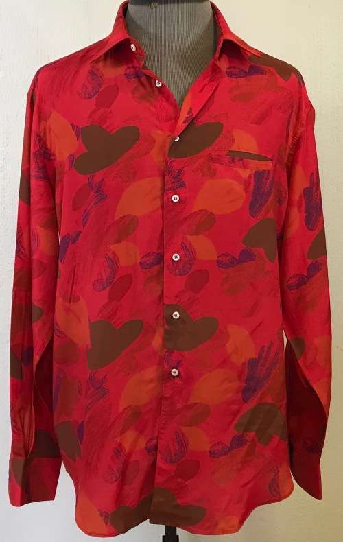SILK SHIRT 100% PURE IMPORTED ITALIAN DESIGN LONG SLEEVE COLLARED UNBELIEVABLE BLEND of RED COLOURS!