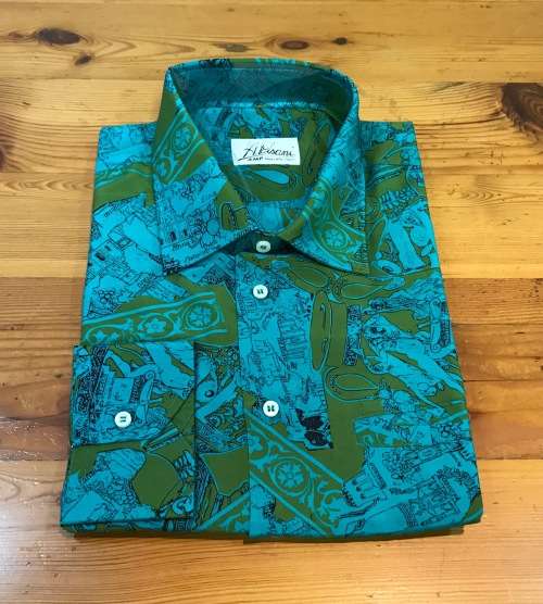SILK SHIRT 100% PURE IMPORTED ITALIAN DESIGN LONG SLEEVE COLLARED UNBELIEVABLE BLEND of BLUE COLOURS