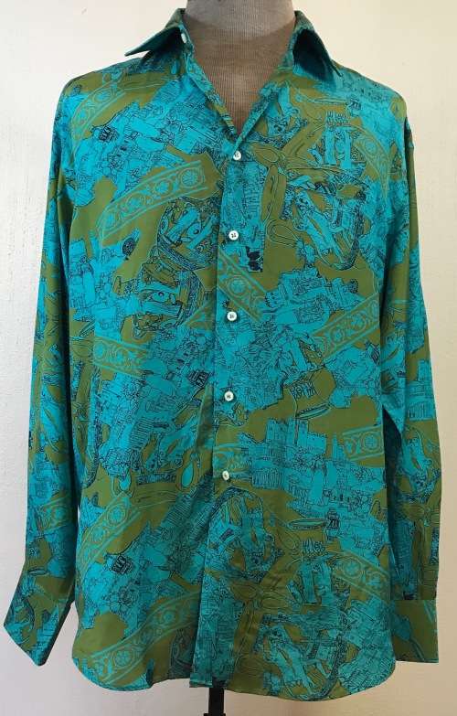 SILK SHIRT 100% PURE IMPORTED ITALIAN DESIGN LONG SLEEVE COLLARED UNBELIEVABLE BLEND of BLUE COLOURS