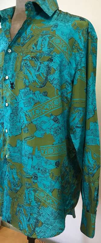 SILK SHIRT 100% PURE IMPORTED ITALIAN DESIGN LONG SLEEVE COLLARED UNBELIEVABLE BLEND of BLUE COLOURS
