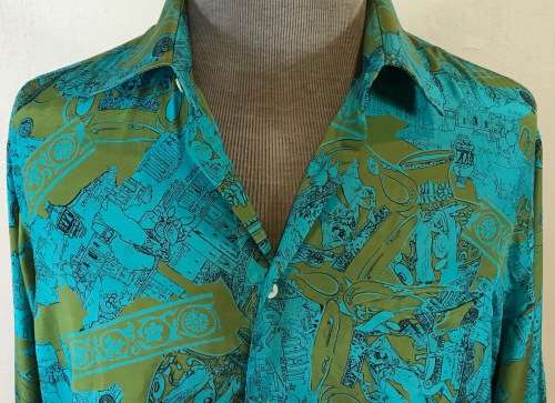 SILK SHIRT 100% PURE IMPORTED ITALIAN DESIGN LONG SLEEVE COLLARED UNBELIEVABLE BLEND of BLUE COLOURS