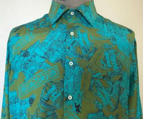 SILK SHIRT 100% PURE IMPORTED ITALIAN DESIGN LONG SLEEVE COLLARED UNBELIEVABLE BLEND of BLUE COLOURS