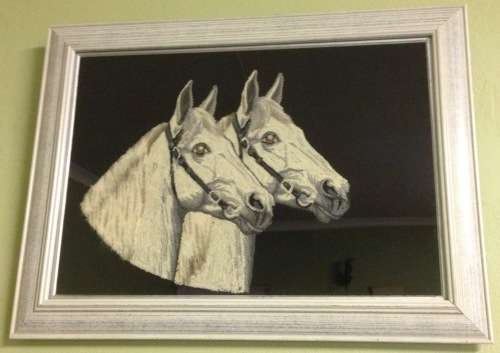 HORSES=TAPESTRY=ARTWORK=THICK PILE=PAIR OF HORSES=BLACK and WHITE=UNUSUAL=STUNNING=DIFFERENT!!!!!!!!