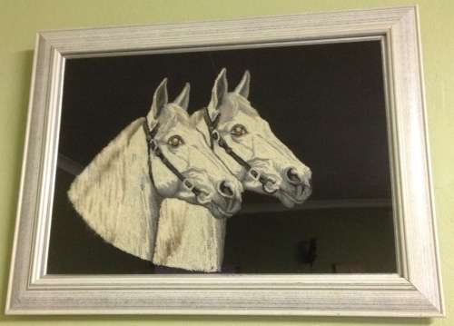 HORSES=TAPESTRY=ARTWORK=THICK PILE=PAIR OF HORSES=BLACK and WHITE=UNUSUAL=STUNNING=DIFFERENT!!!!!!!!