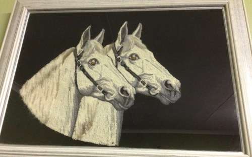 HORSES=TAPESTRY=ARTWORK=THICK PILE=PAIR OF HORSES=BLACK and WHITE=UNUSUAL=STUNNING=DIFFERENT!!!!!!!!