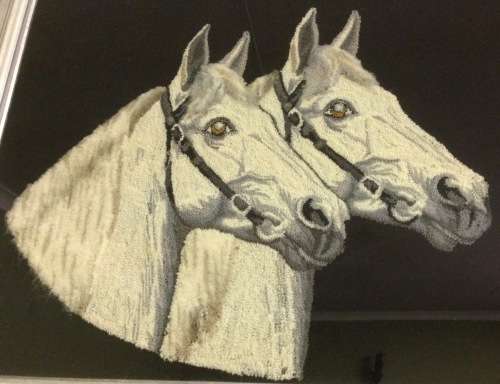 HORSES=TAPESTRY=ARTWORK=THICK PILE=PAIR OF HORSES=BLACK and WHITE=UNUSUAL=STUNNING=DIFFERENT!!!!!!!!