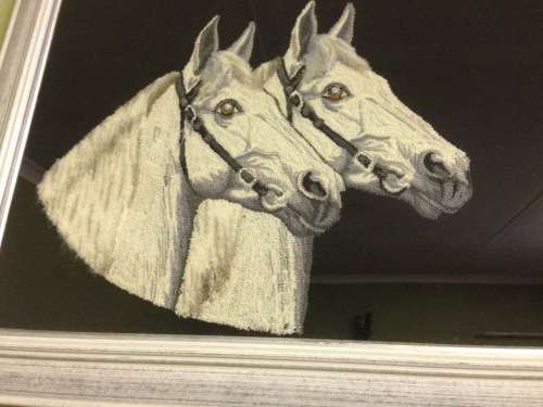 HORSES=TAPESTRY=ARTWORK=THICK PILE=PAIR OF HORSES=BLACK and WHITE=UNUSUAL=STUNNING=DIFFERENT!!!!!!!!
