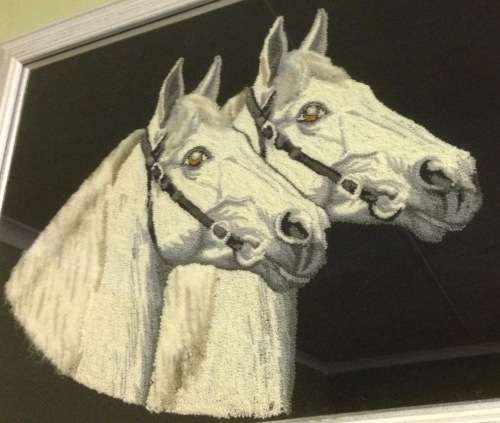 HORSES=TAPESTRY=ARTWORK=THICK PILE=PAIR OF HORSES=BLACK and WHITE=UNUSUAL=STUNNING=DIFFERENT!!!!!!!!