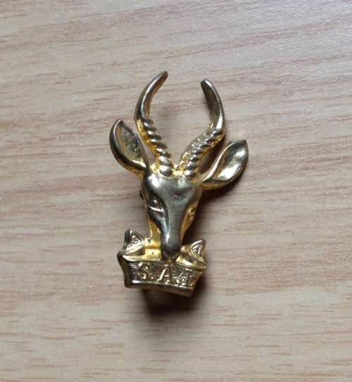 SOUTH AFRICA INFANTRY BERET BRASS BADGE=SPRINGBOK HEAD=LOOPS=SADF=DEFENCE FORCE=ARMY