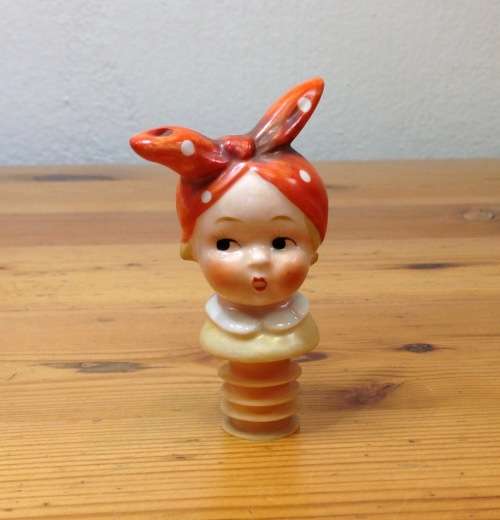 BOTTLE POURER GOEBEL GERMANY SCHNAPPS PORCELAIN GIRL with POLKADOT SCARF awesome bar item!!!!!