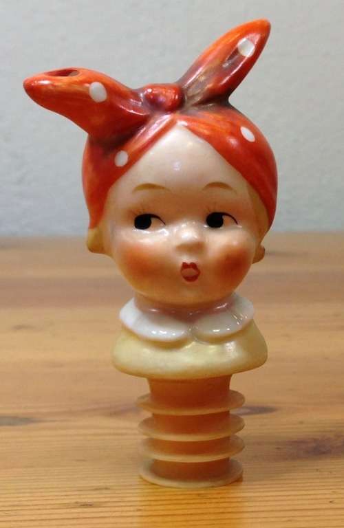 BOTTLE POURER GOEBEL GERMANY SCHNAPPS PORCELAIN GIRL with POLKADOT SCARF awesome bar item!!!!!