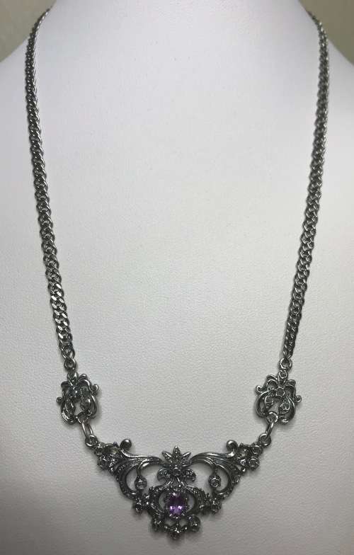 STERLING SILVER HALLMARKED NECKLACE and adjoined PENDANT GEMSTONES AMETHYST and TOPAZ1976+ ELEGANT!