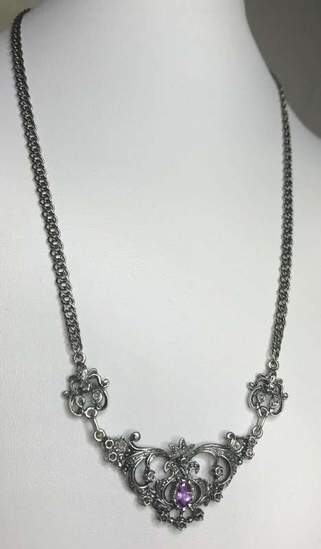 STERLING SILVER HALLMARKED NECKLACE and adjoined PENDANT GEMSTONES AMETHYST and TOPAZ1976+ ELEGANT!