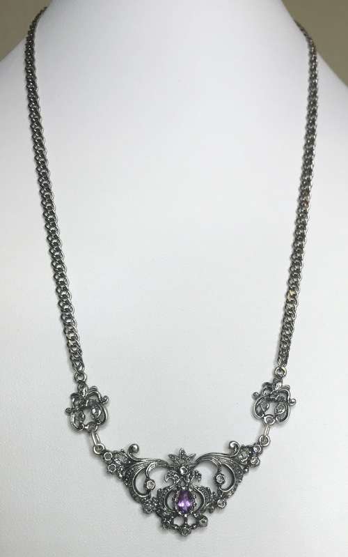 STERLING SILVER HALLMARKED NECKLACE and adjoined PENDANT GEMSTONES AMETHYST and TOPAZ1976+ ELEGANT!