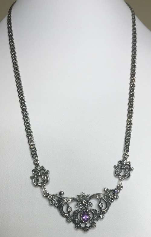 STERLING SILVER HALLMARKED NECKLACE and adjoined PENDANT GEMSTONES AMETHYST and TOPAZ1976+ ELEGANT!