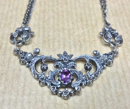 STERLING SILVER HALLMARKED NECKLACE and adjoined PENDANT GEMSTONES AMETHYST and TOPAZ1976+ ELEGANT!