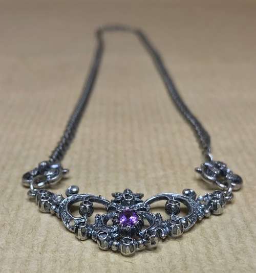 STERLING SILVER HALLMARKED NECKLACE and adjoined PENDANT GEMSTONES AMETHYST and TOPAZ1976+ ELEGANT!