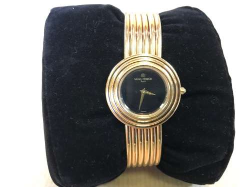 MICHEL HERBELIN LADIES GOLD PLATED WRIST WATCH=PARIS=FRANCE=BLACK DIAL=7095-P=VERY ELEGANT=STYLISH!!