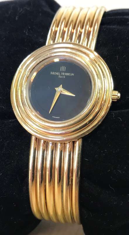MICHEL HERBELIN LADIES GOLD PLATED WRIST WATCH=PARIS=FRANCE=BLACK DIAL=7095-P=VERY ELEGANT=STYLISH!!