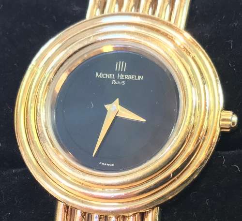 MICHEL HERBELIN LADIES GOLD PLATED WRIST WATCH=PARIS=FRANCE=BLACK DIAL=7095-P=VERY ELEGANT=STYLISH!!