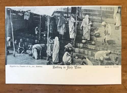 POSTCARD POST CARD INDIAN CORRESPONDENCE BATHING IN HOLY WATER INDIA RELIGION Thacker BOMBAY Saxony