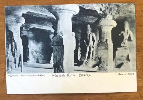 POSTCARD POST CARD INDIAN CORRESPONDENCE ELEPHENTA CAVES INDIA ARCHEOLOGY Thacker BOMBAY Saxony