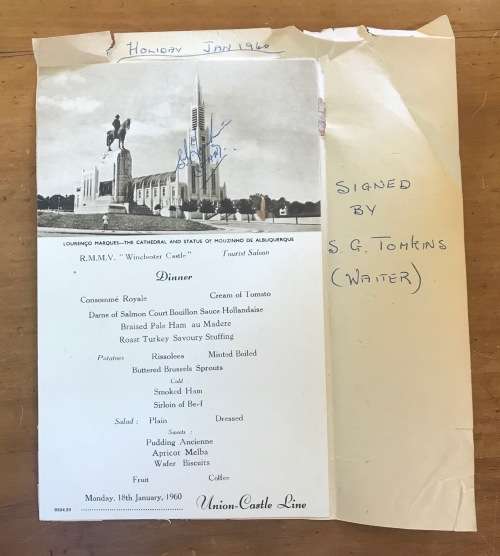 UNION-CASTLE LINE MENU=SEPIA=18 JANUARY 1960=SIGNED by WAITER TOMKINS!!!=LOURENCO MARQUES=CATHEDRAL.