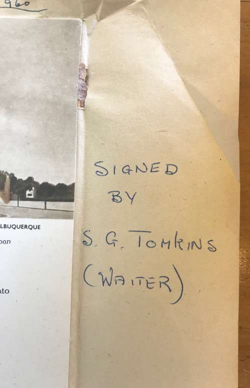 UNION-CASTLE LINE MENU=SEPIA=18 JANUARY 1960=SIGNED by WAITER TOMKINS!!!=LOURENCO MARQUES=CATHEDRAL.
