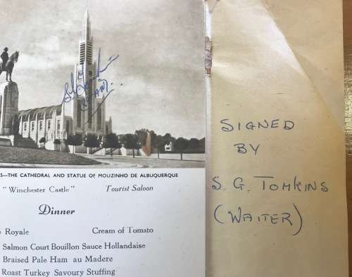 UNION-CASTLE LINE MENU=SEPIA=18 JANUARY 1960=SIGNED by WAITER TOMKINS!!!=LOURENCO MARQUES=CATHEDRAL.
