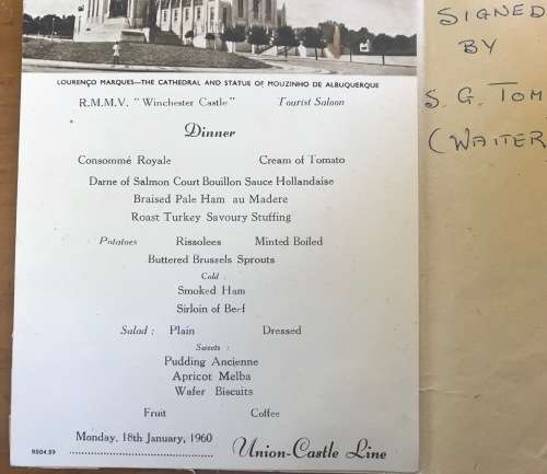 UNION-CASTLE LINE MENU=SEPIA=18 JANUARY 1960=SIGNED by WAITER TOMKINS!!!=LOURENCO MARQUES=CATHEDRAL.