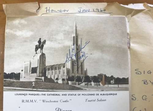 UNION-CASTLE LINE MENU=SEPIA=18 JANUARY 1960=SIGNED by WAITER TOMKINS!!!=LOURENCO MARQUES=CATHEDRAL.