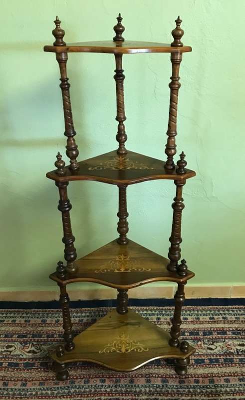 VICTORIAN INLAID WALNUT WHATNOT 1837 to 1901 Inlaid four tier corner what-not turned column supports