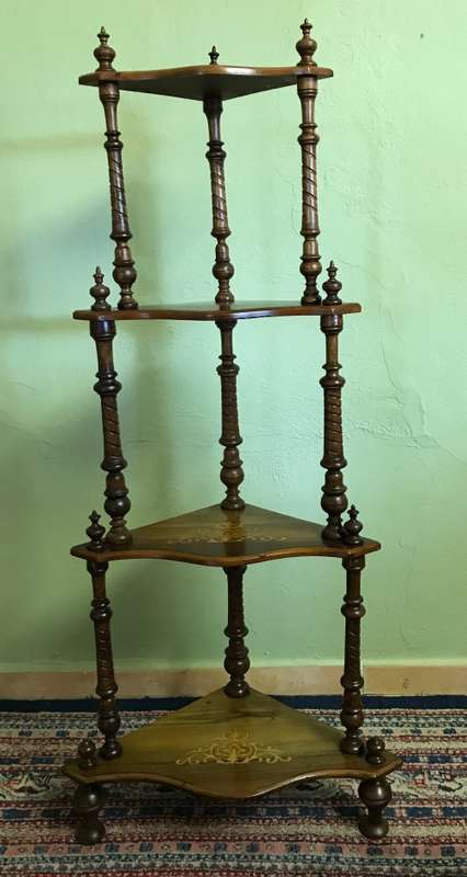 VICTORIAN INLAID WALNUT WHATNOT 1837 to 1901 Inlaid four tier corner what-not turned column supports