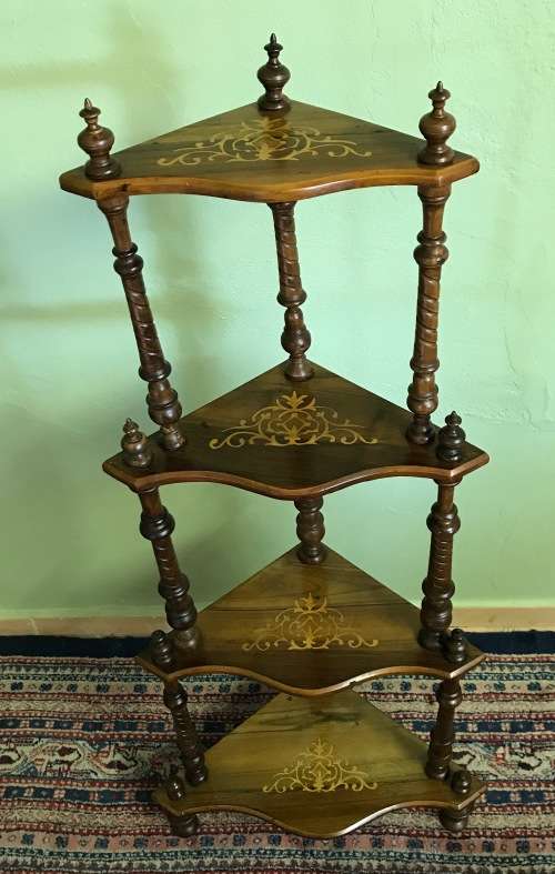 VICTORIAN INLAID WALNUT WHATNOT 1837 to 1901 Inlaid four tier corner what-not turned column supports
